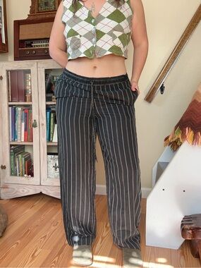 Vintage 100% Silk Black Tan Striped Pants Drawstring Waist Straight Leg Medium